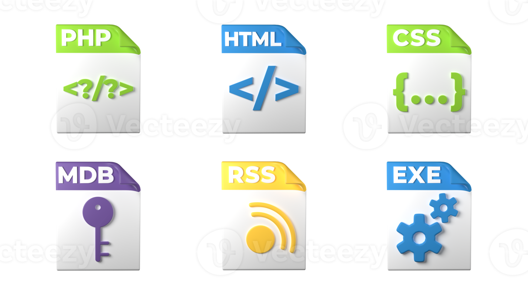 File format extensions. php, html, css, mdb, exe, rss file format programmer icons. Transparent background. 3D Rendering png