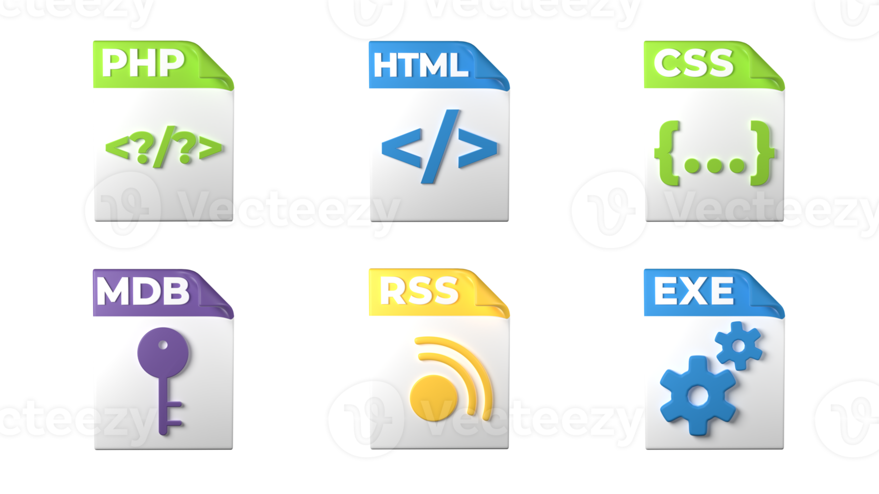 fil formatera förlängningar. php, html, css, mdb, exe, rss fil formatera programmerare ikoner. transparent bakgrund. 3d tolkning png