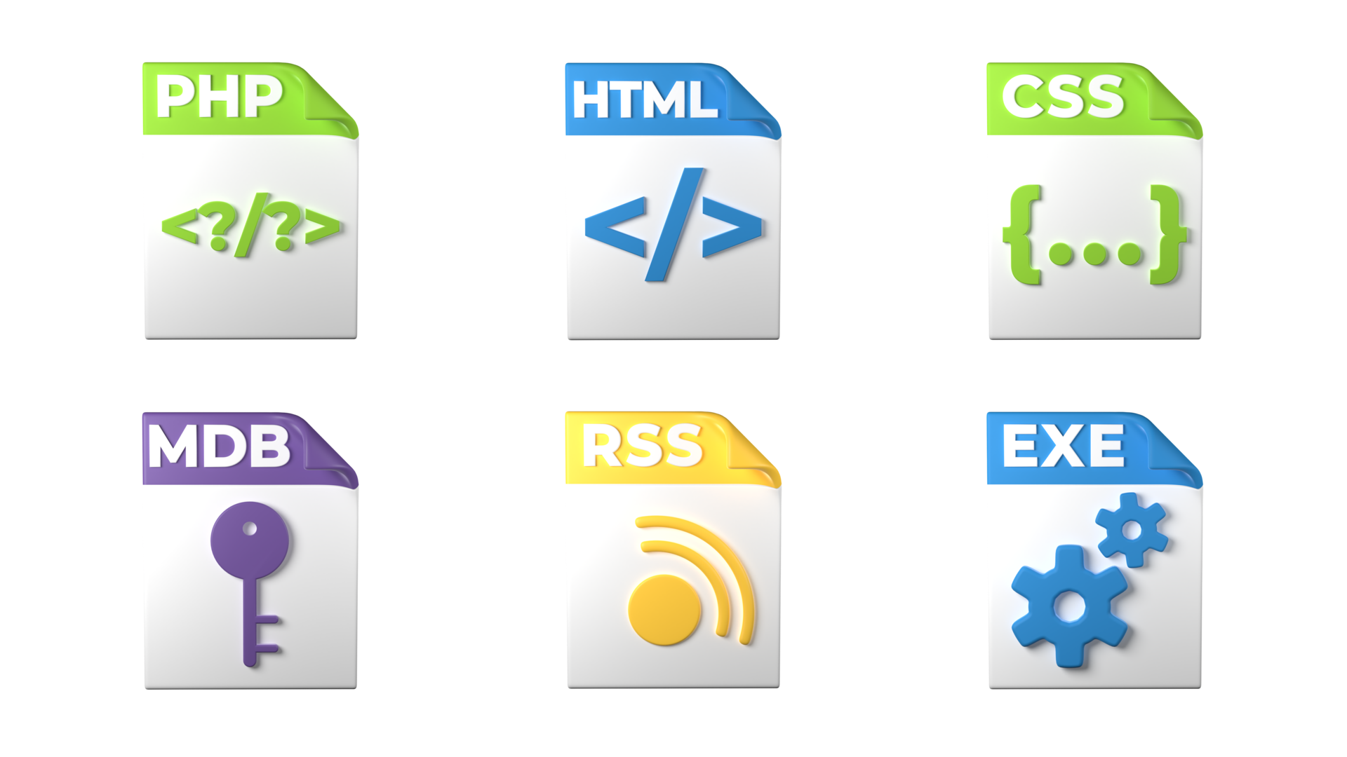 Free File format extensions. php, html, css, mdb, exe, rss file format  programmer icons. Transparent background. 3D Rendering 17228768 PNG with Transparent  Background