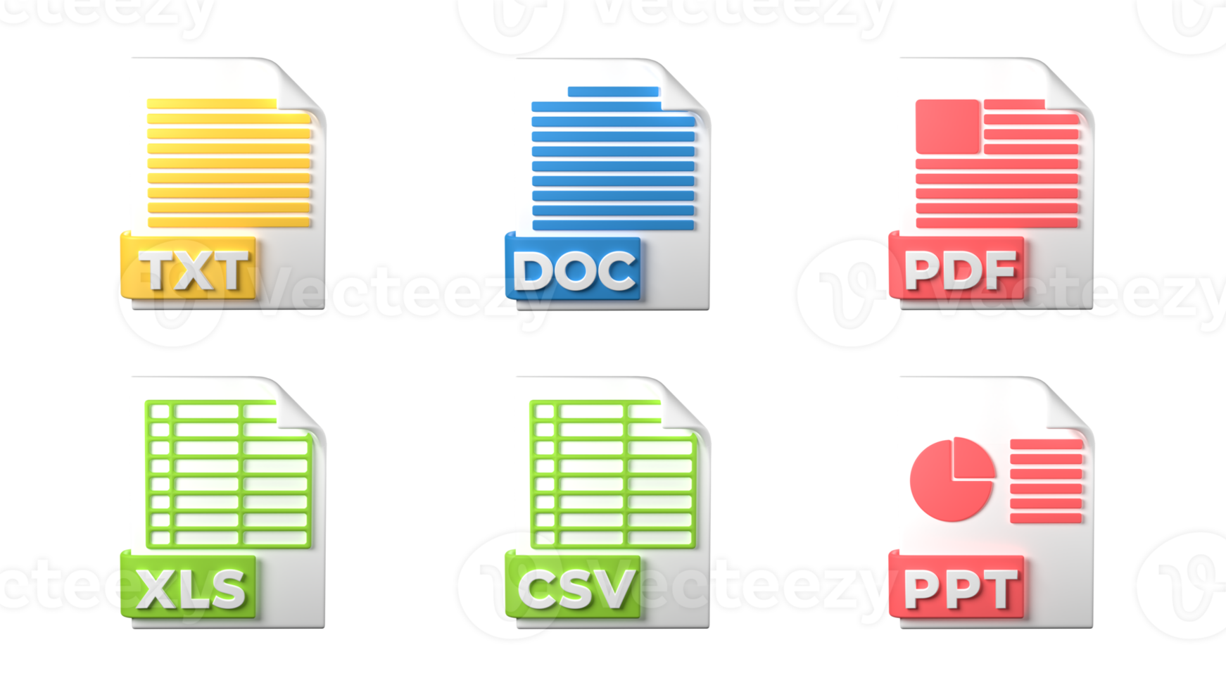 extensiones de formato de archivo. iconos de documentos de formato de archivo txt, doc, pdf, ppt, xls, csv. fondo transparente. representación 3d png