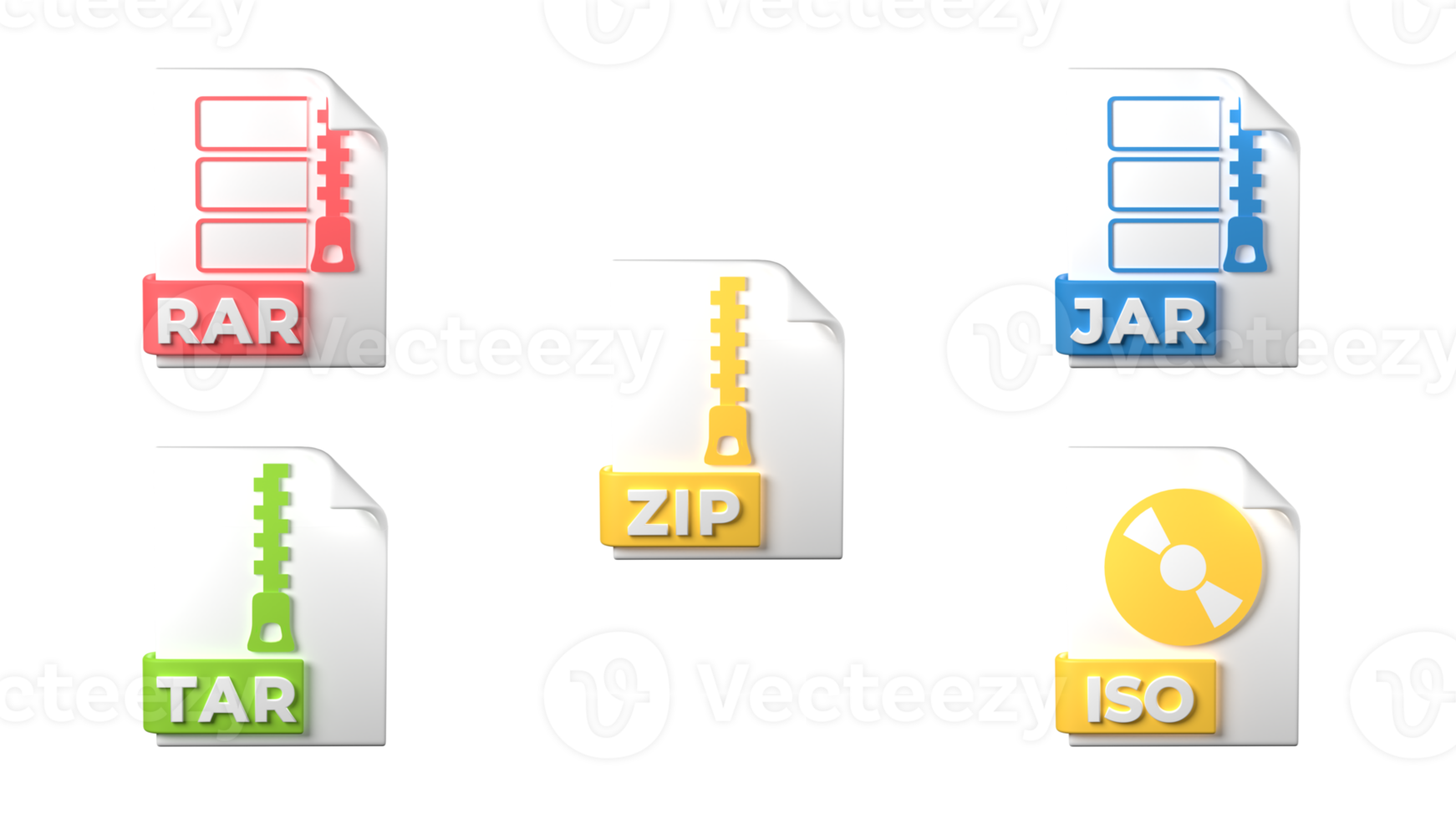File format extensions. rar, zip, jar, iso, tar file format archive icons. Transparent background. 3D Rendering png