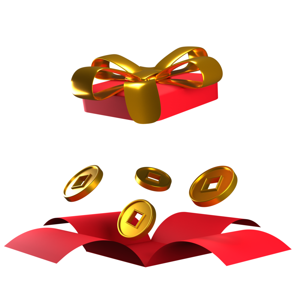 open gift box with chinese coin 3D Illustration png