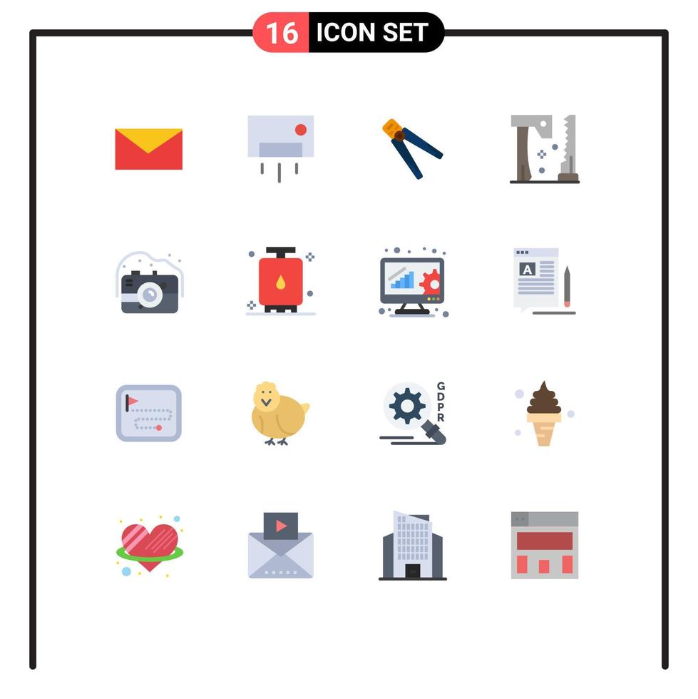 16 signos universales de colores planos símbolos de herramientas construcción alicates herramienta hacha paquete editable de elementos creativos de diseño de vectores