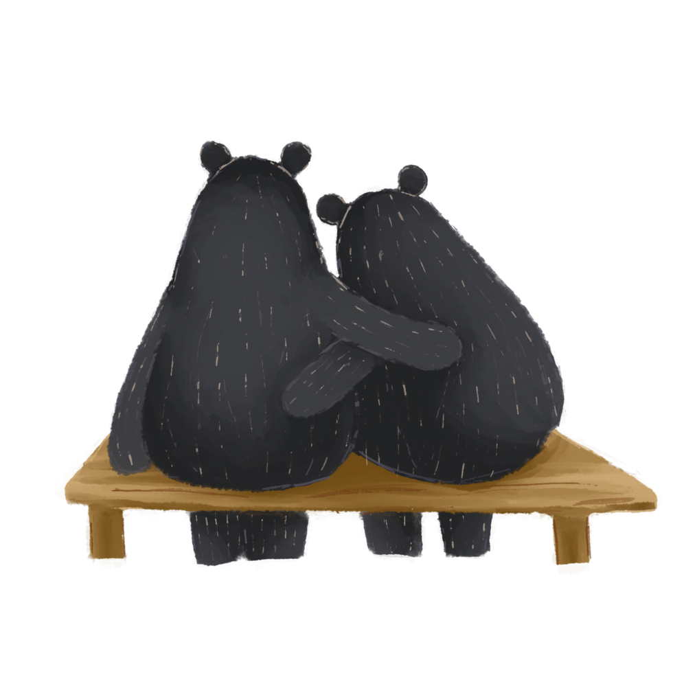 Cute black bears sitting and hug, watercolor hand drawn stype. png