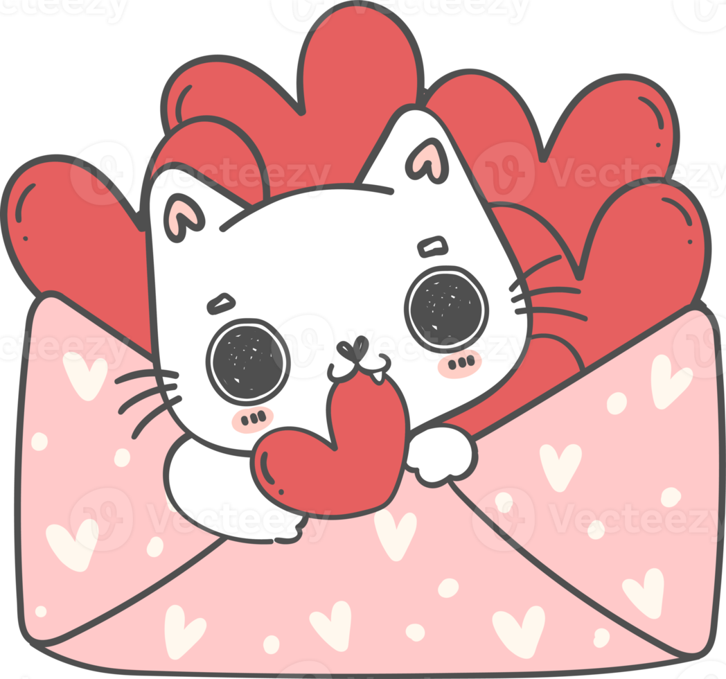 Cute happy Valentine smile kitty cat and red heart in sweet Love letter cartoon doodle png