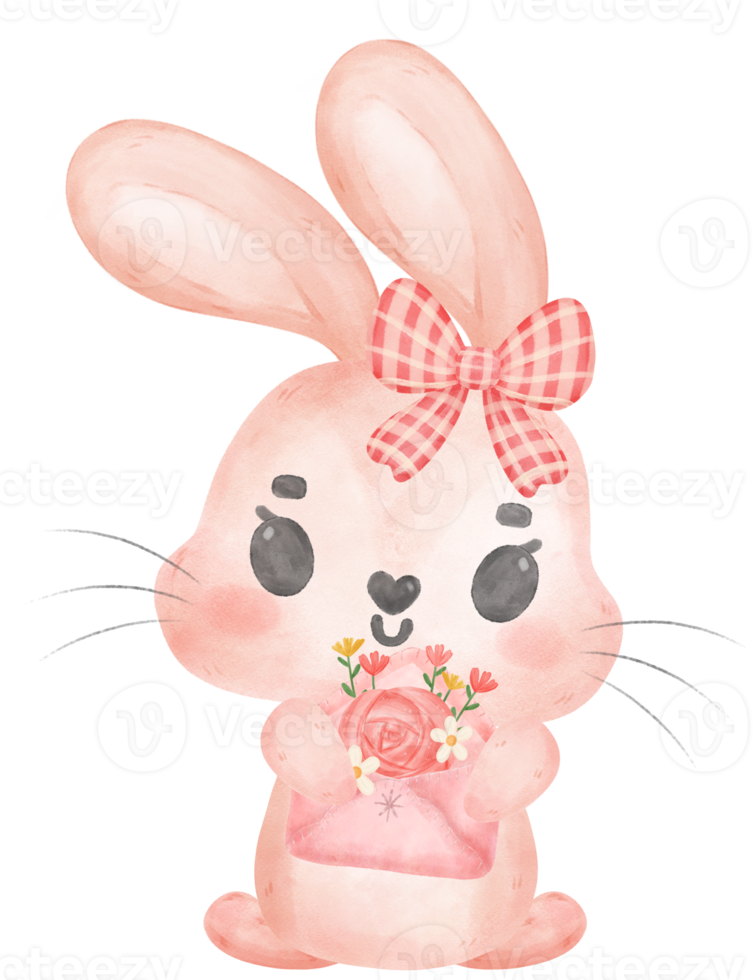 Cute happy sweet pink bunny rabbit cartoon character watercolour png