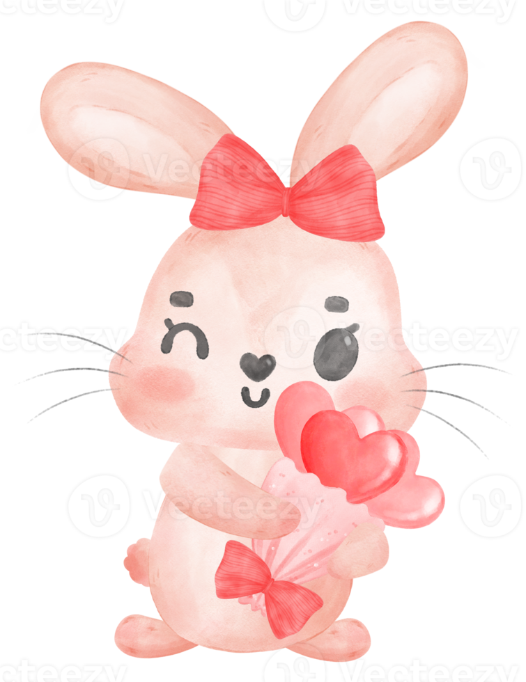 Cute happy sweet pink bunny rabbit cartoon character watercolour png