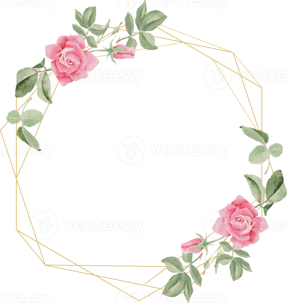 watercolor blooming pink rose branch flower bouquet wreath frame png