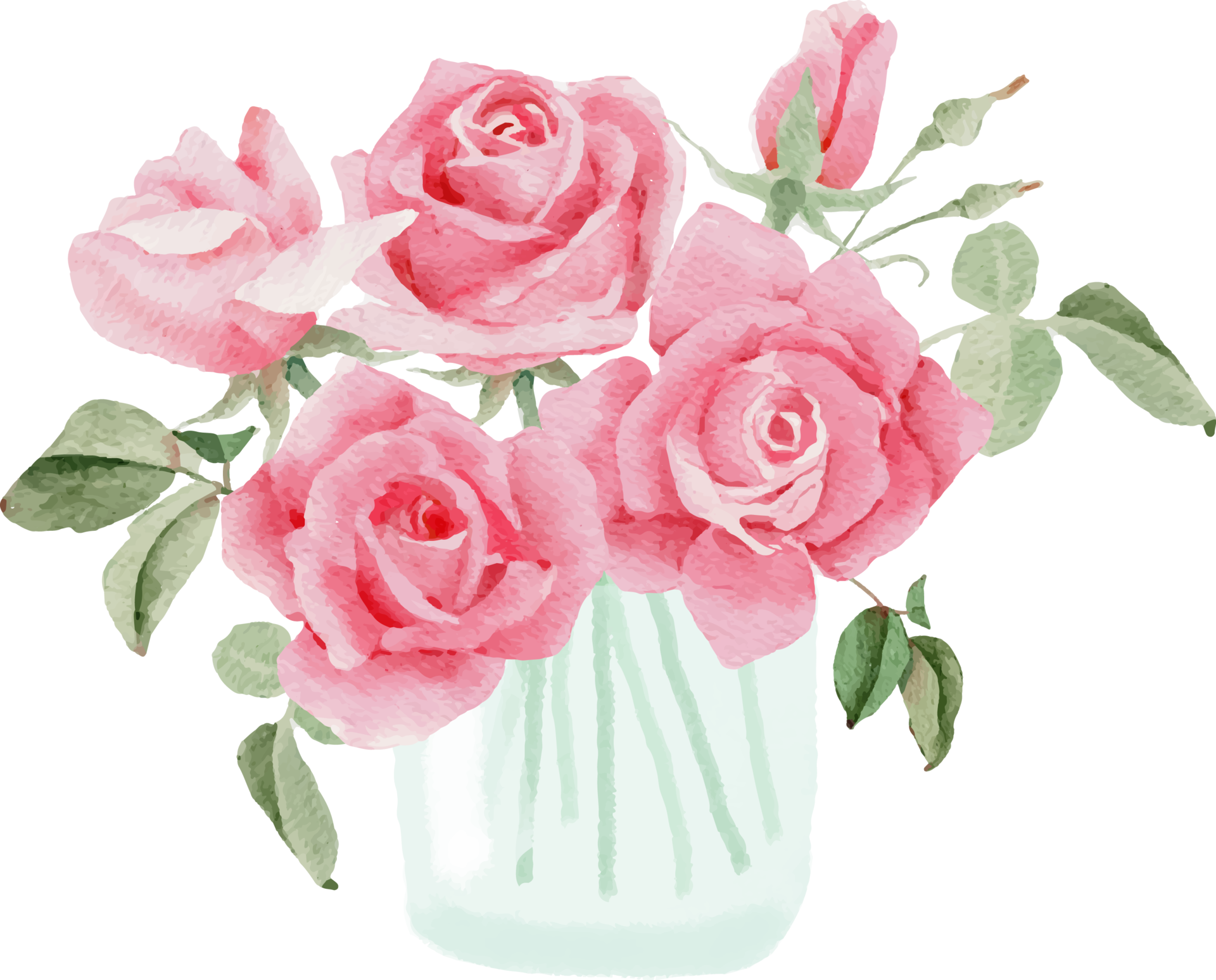 watercolor pink rose flower bouquet in glass vase for valentines day