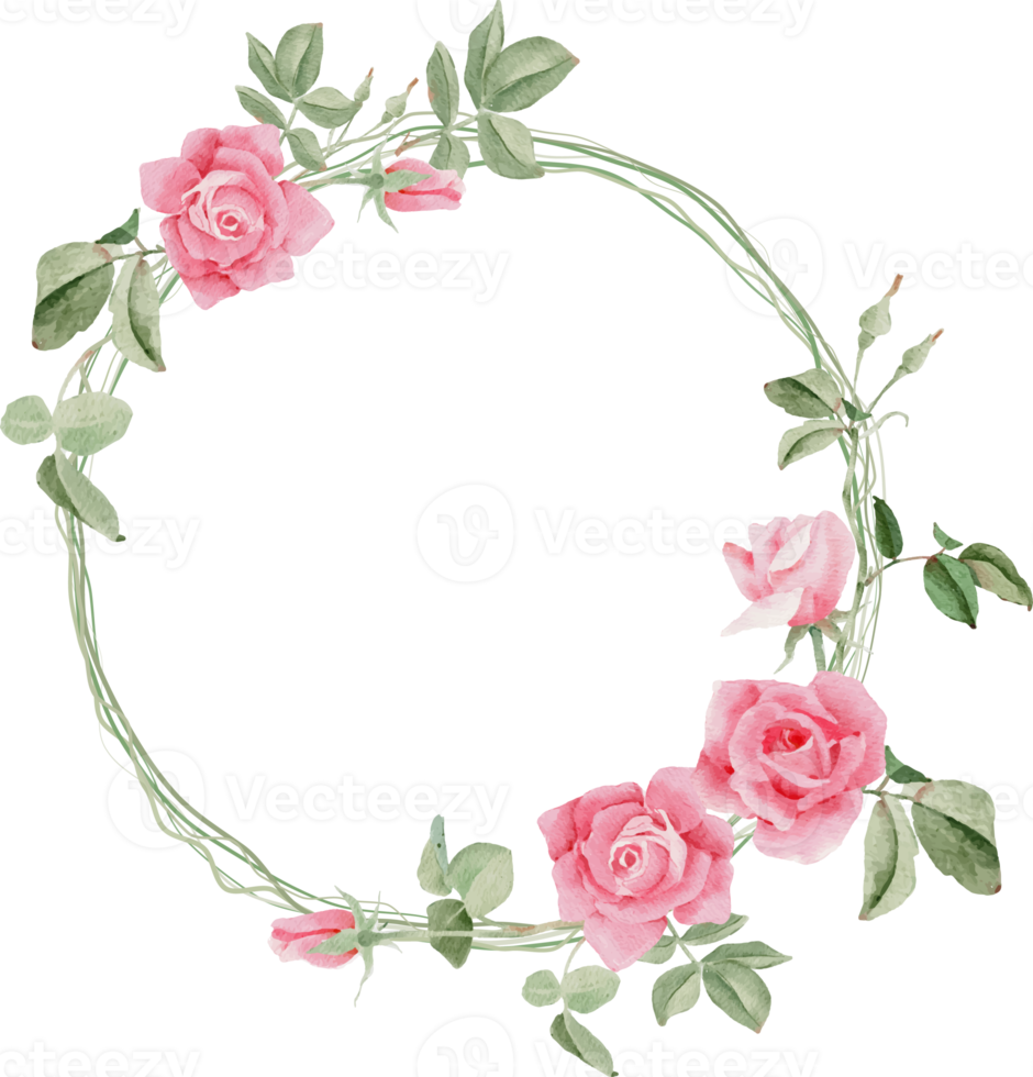 watercolor blooming pink rose branch flower bouquet wreath frame png