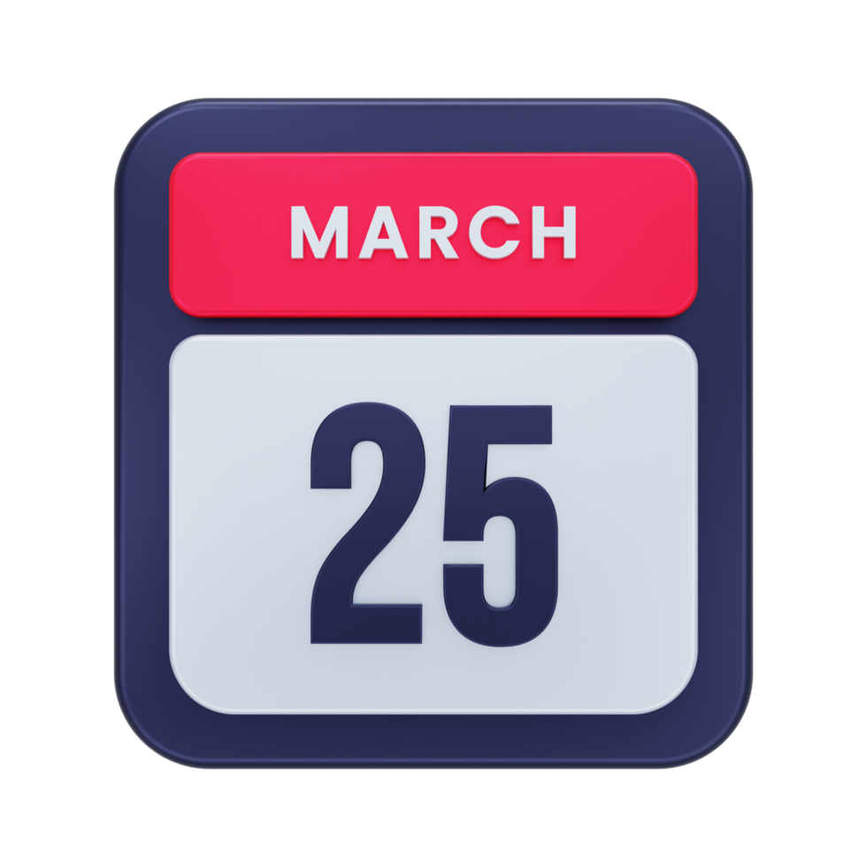 March Realistic Calendar Icon 3D Illustration Date March 25 png