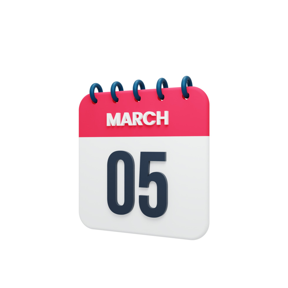 March Realistic Calendar Icon 3D Illustration Date March 05 png