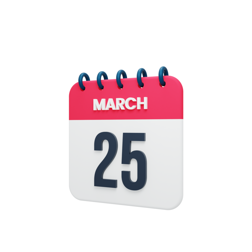 March Realistic Calendar Icon 3D Illustration Date March 25 png