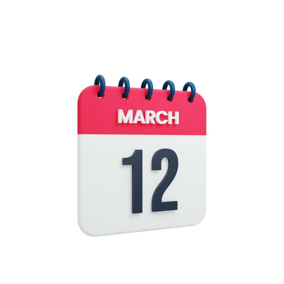 March Realistic Calendar Icon 3D Illustration Date March 12 png