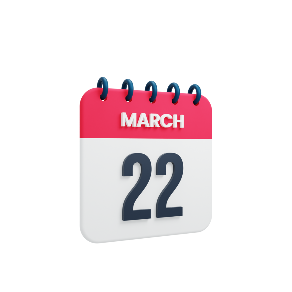 March Realistic Calendar Icon 3D Illustration Date March 22 png