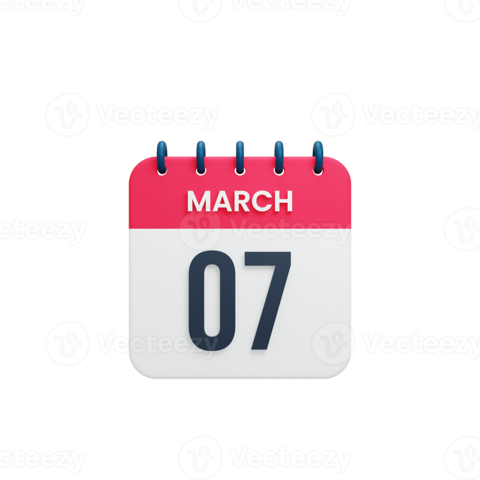 ícone de calendário realista de março ilustração 3d data 07 de março png