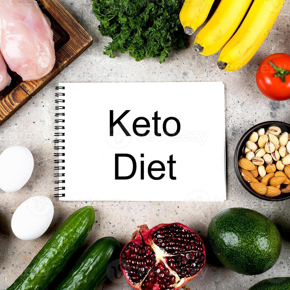 Keto diet food concept. chicken fillet, eggs, green vegetables, tomatoes, nuts and fruits on light concrete table background. Flat lay, top view photo