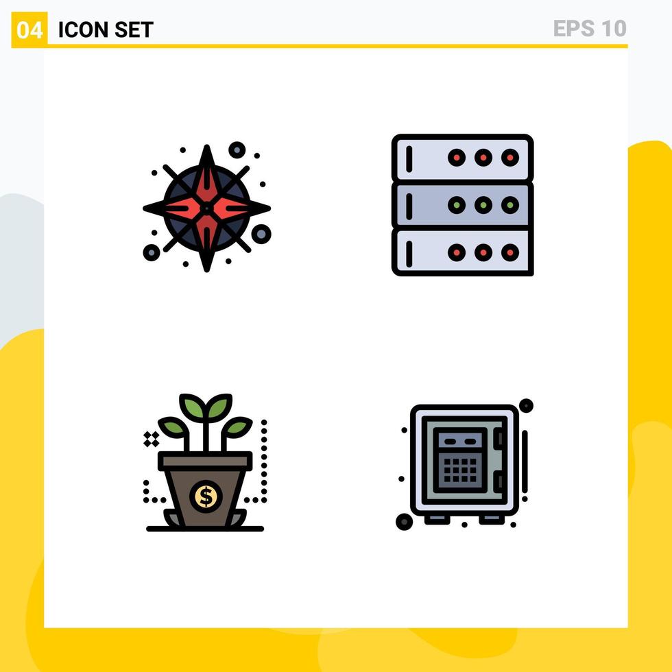 Group of 4 Filledline Flat Colors Signs and Symbols for compass startup location server money Editable Vector Design Elements