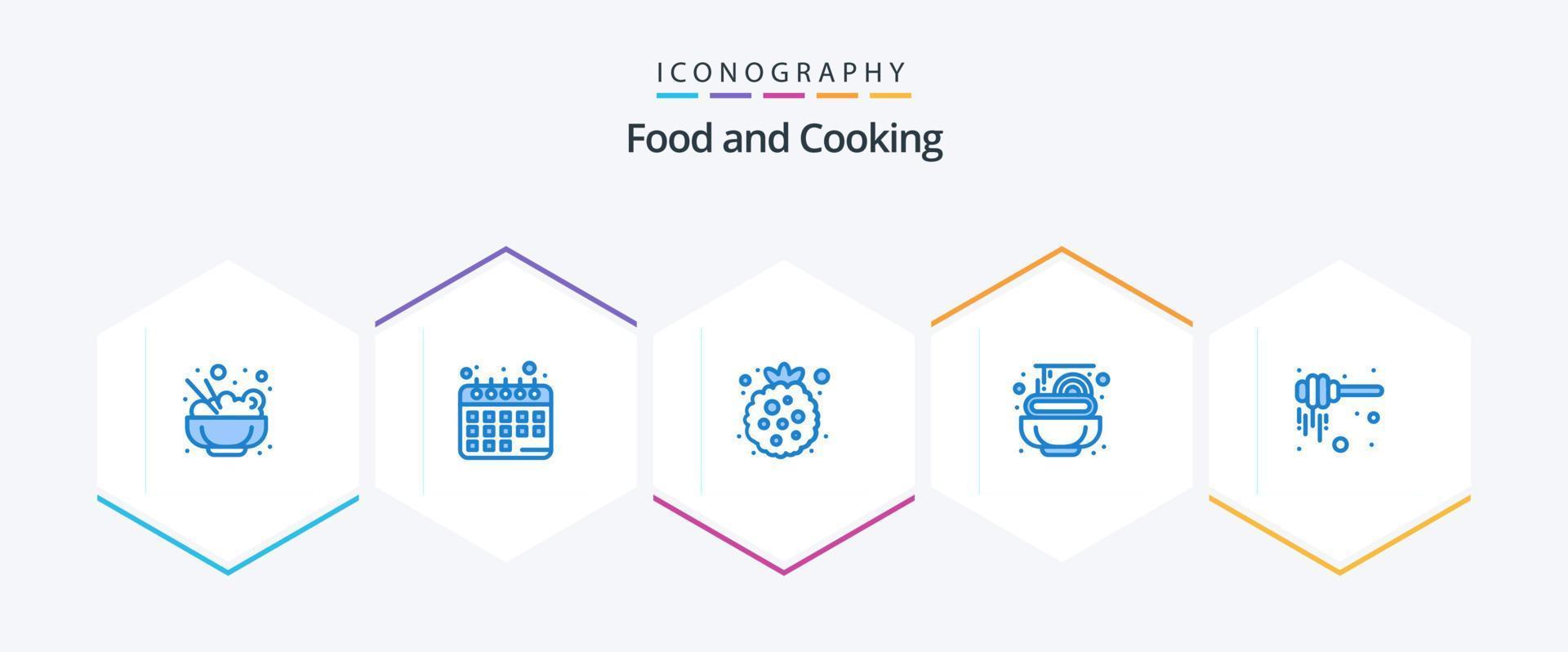 Paquete de 25 íconos azules de comida que incluye . cucharón de miel. saludable. miel. espaguetis vector