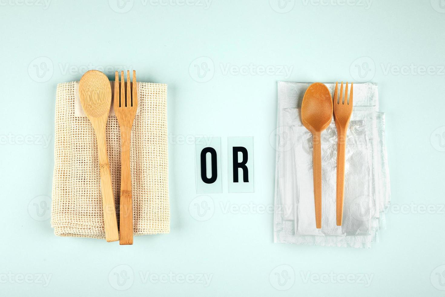 Reusable and disposable plactic bags and cutlery. Zero waste concept. Eco trend to reduce disposable plastic. photo