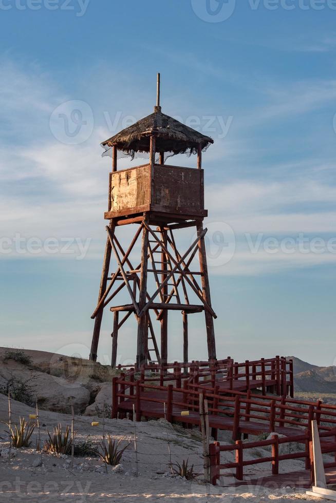 Red lighthouse footbridge Cabo Pulmo Baja California national park panorama photo