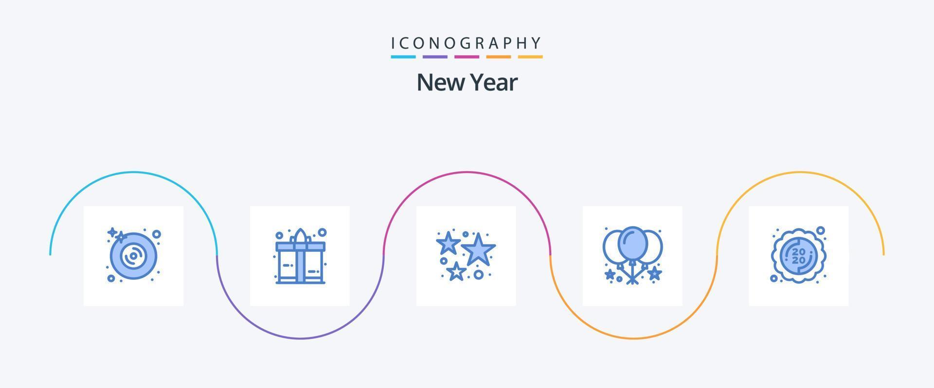 paquete de iconos azul 5 de año nuevo que incluye pegatina. etiqueta. petardo. fiesta. globo vector