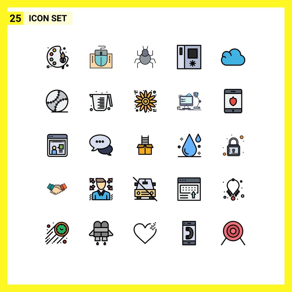 Set of 25 Commercial Filled line Flat Colors pack for storage cloud bug side by side fridge Editable Vector Design Elements