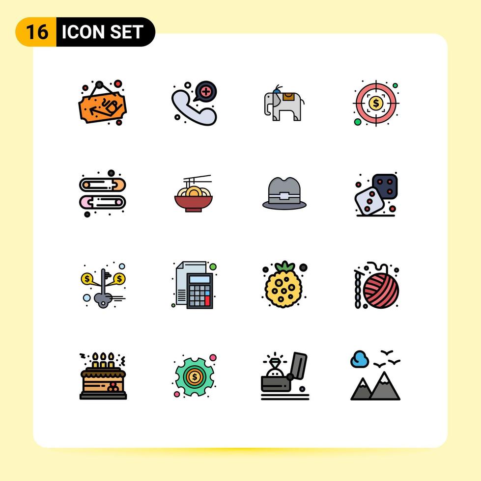 Universal Icon Symbols Group of 16 Modern Flat Color Filled Lines of food pin elephant kids profit Editable Creative Vector Design Elements
