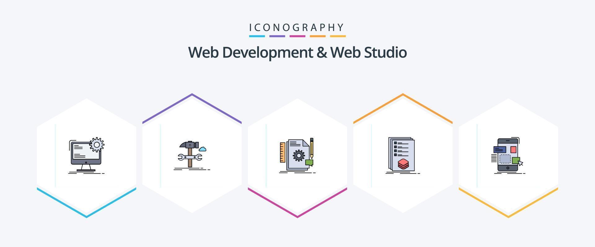 Web Development And Web Studio 25 FilledLine icon pack including list. categories. repair. support. develop vector