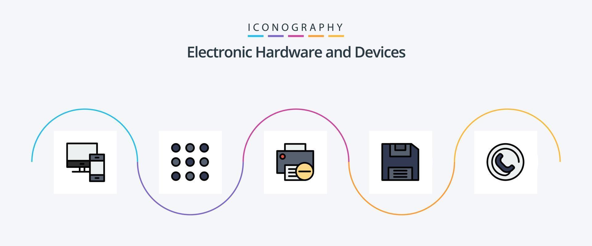 Devices Line Filled Flat 5 Icon Pack Including phone. save. computers. floppy. printer vector