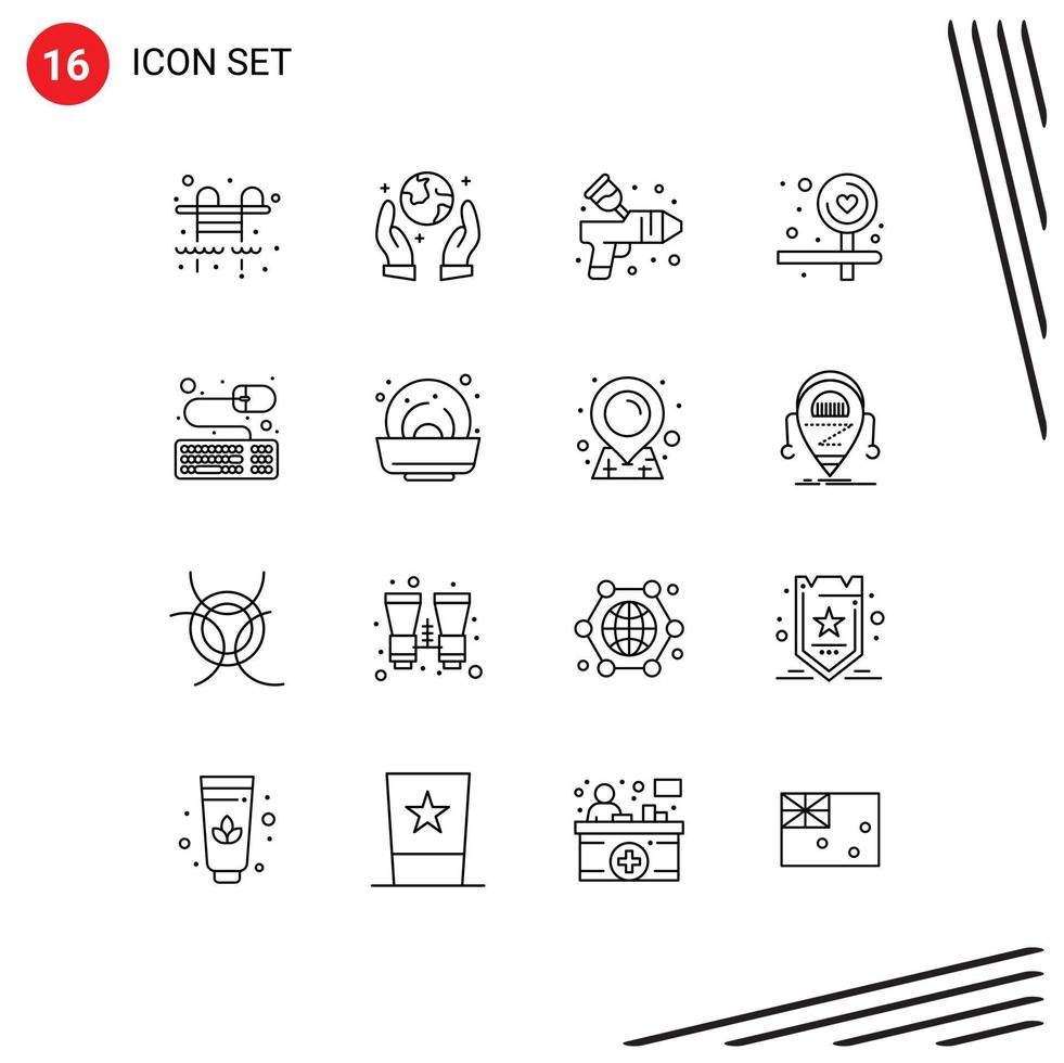 Group of 16 Modern Outlines Set for food mouse paint keyboard love Editable Vector Design Elements