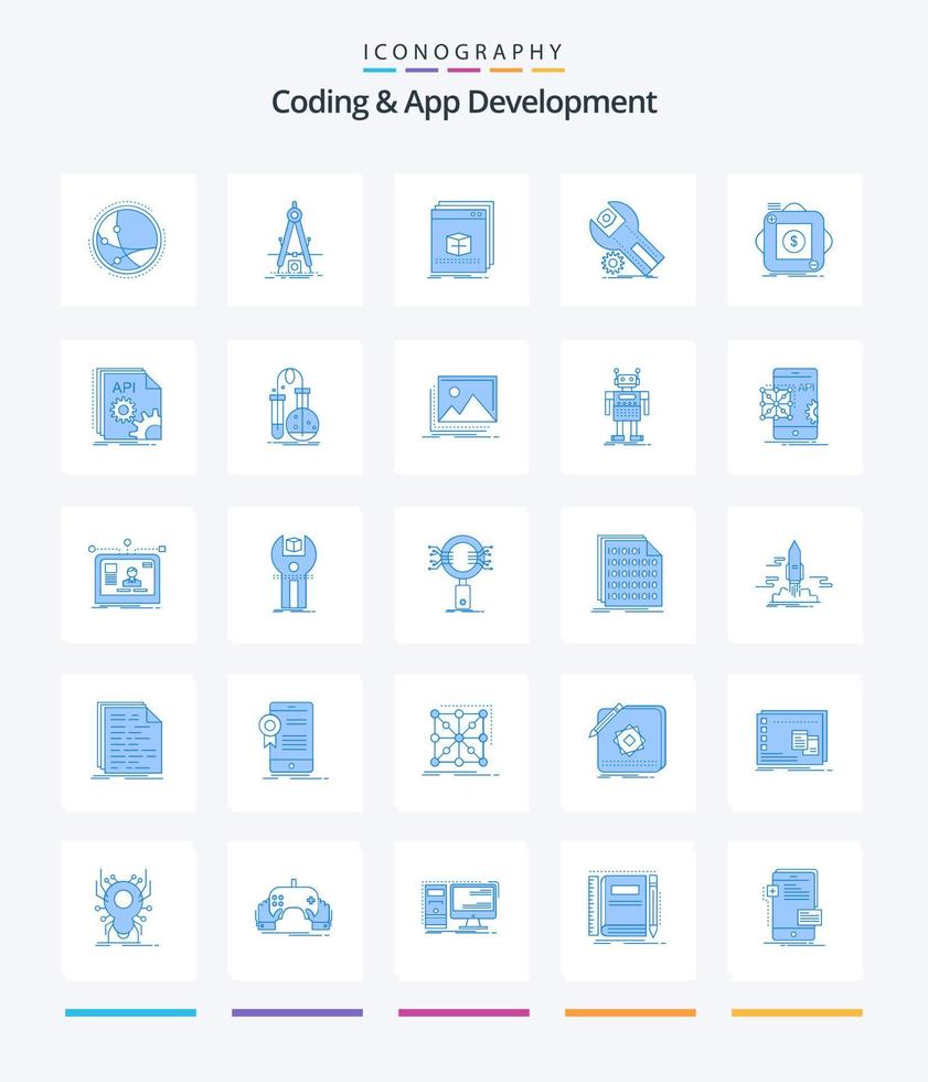 Creative Coding And App Development 25 Blue icon pack  Such As installation. settings. refinement. program. application vector
