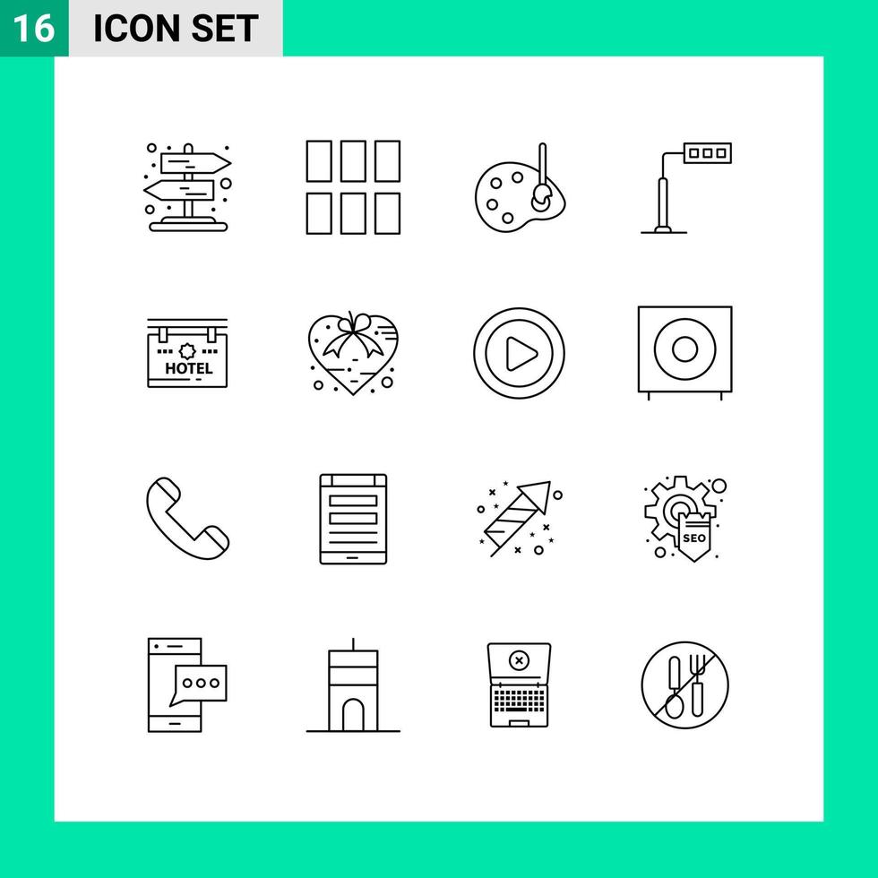 16 User Interface Outline Pack of modern Signs and Symbols of board hotel draw road light Editable Vector Design Elements