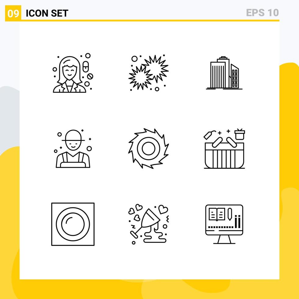 paquete de 9 signos y símbolos de contornos modernos para medios de impresión web, como edificios de oficinas del día de bienes raíces para agricultores, elementos de diseño de vectores editables