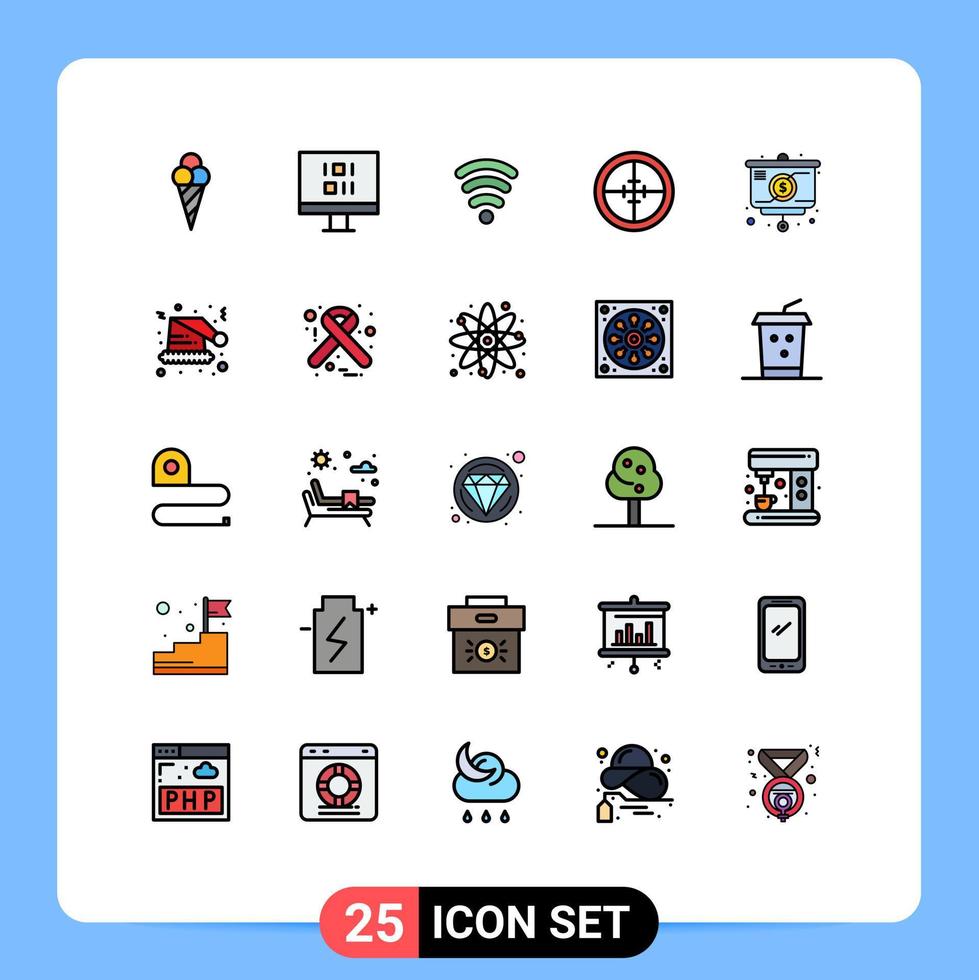 Filled line Flat Color Pack of 25 Universal Symbols of money strategy signal presentation soldier Editable Vector Design Elements