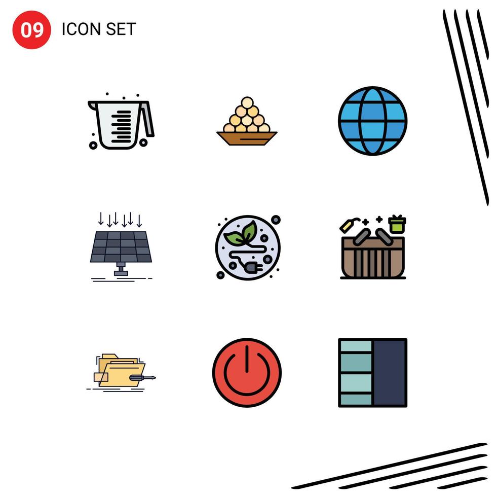 Modern Set of 9 Filledline Flat Colors Pictograph of energy solar laddu nature environment Editable Vector Design Elements