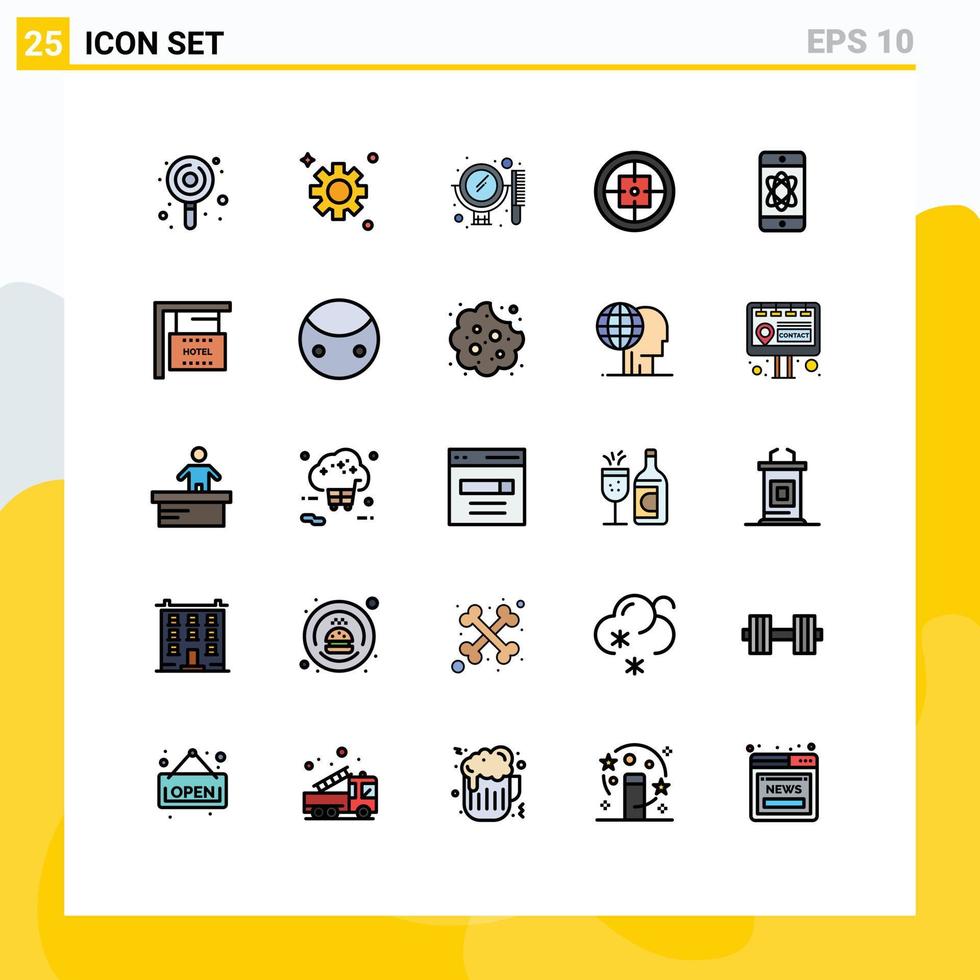 paquete de 25 modernos signos y símbolos de colores planos de línea rellena para medios de impresión web, como elementos de diseño vectorial editables de placa de soldado de peine de objetivo científico vector