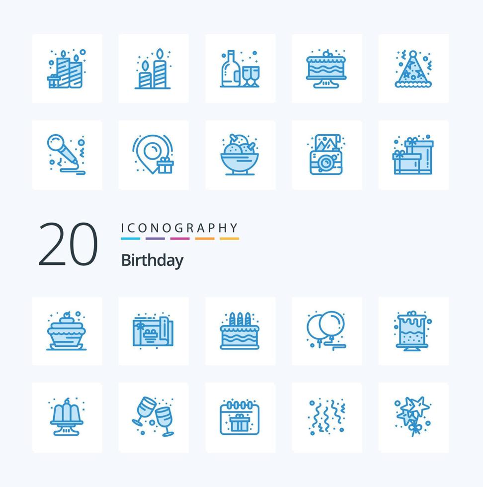 20 Birthday Blue Color icon Pack like birthday candle cake birthday celebration vector