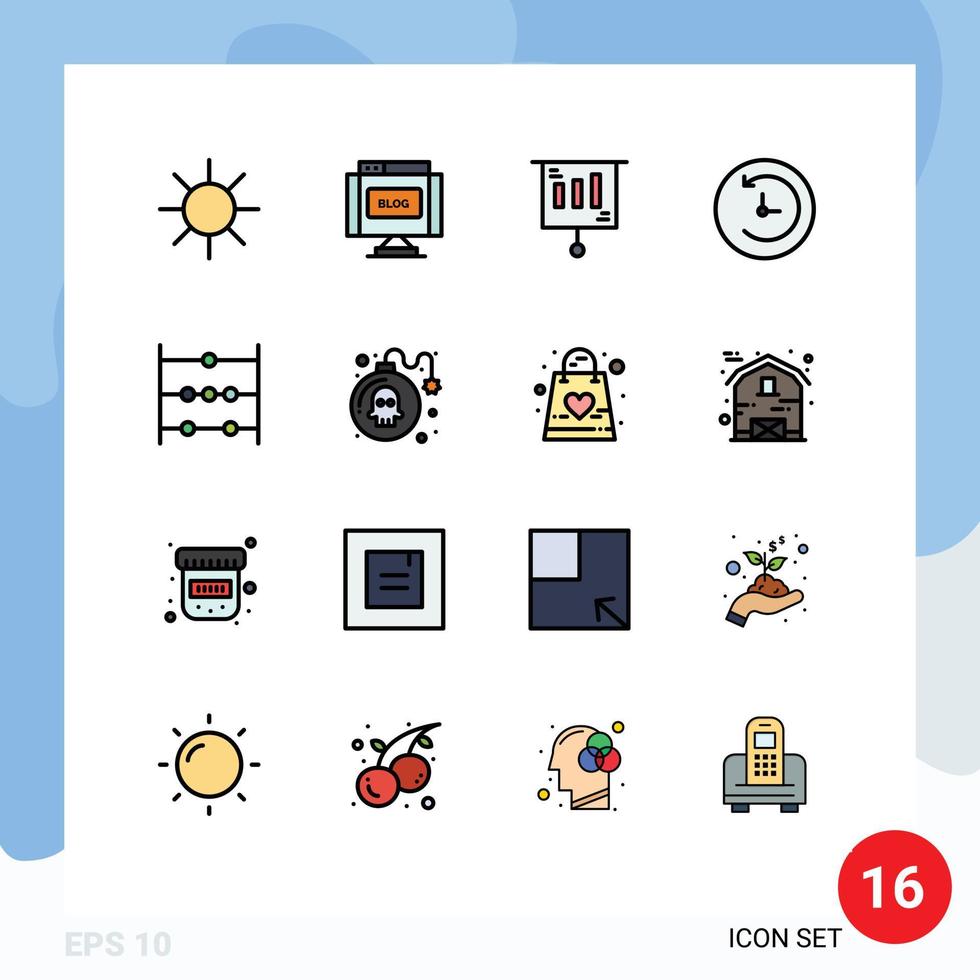 Group of 16 Flat Color Filled Lines Signs and Symbols for bomb math marketing abacus clock Editable Creative Vector Design Elements