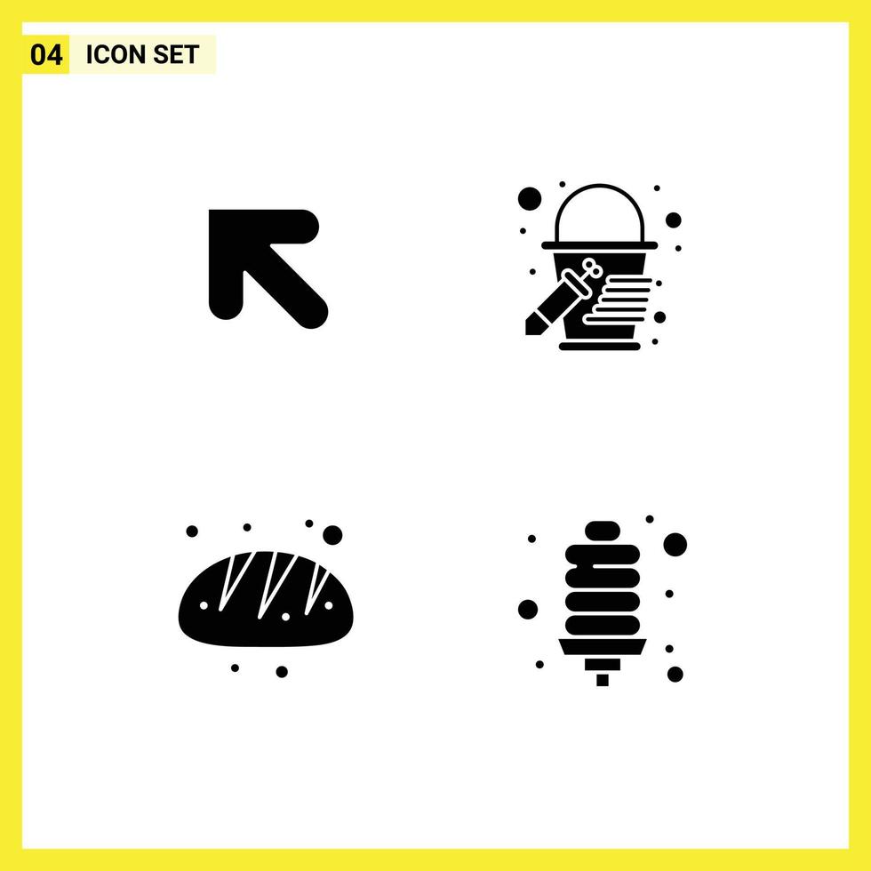 Modern Set of 4 Solid Glyphs Pictograph of arrow food bucket bakery energy bulb Editable Vector Design Elements