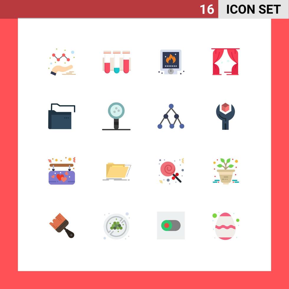 Group of 16 Flat Colors Signs and Symbols for data theatre mechanical leisure fire Editable Pack of Creative Vector Design Elements
