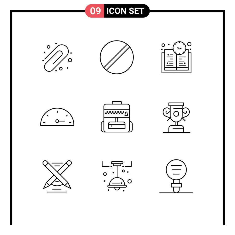 Group of 9 Modern Outlines Set for education education book time bag performance Editable Vector Design Elements