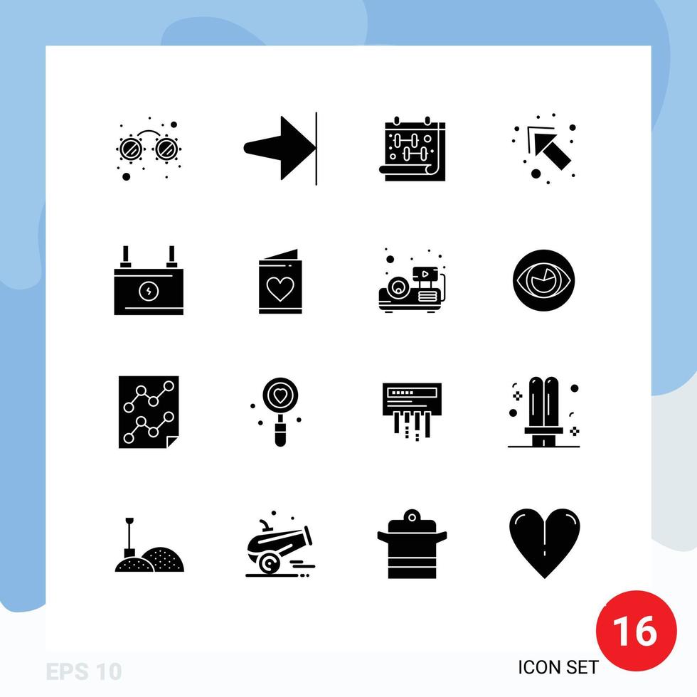 Pictogram Set of 16 Simple Solid Glyphs of card energy gym battery left Editable Vector Design Elements