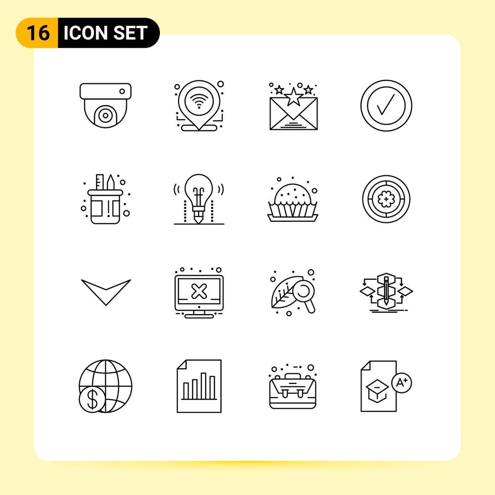 User Interface Pack of 16 Basic Outlines of pot pen favourite holder tick Editable Vector Design Elements