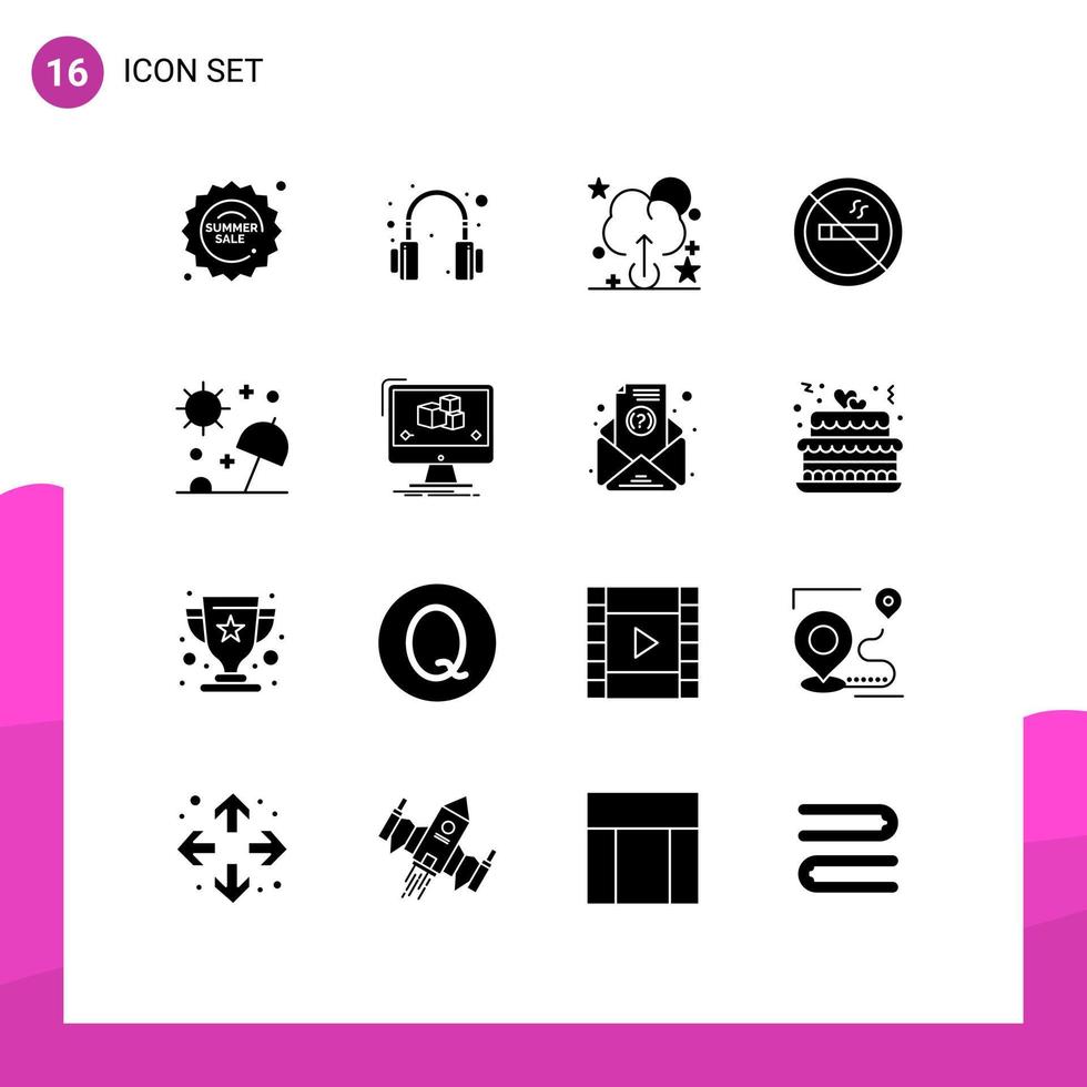 Pack of 16 creative Solid Glyphs of animation summer upload sea beach Editable Vector Design Elements