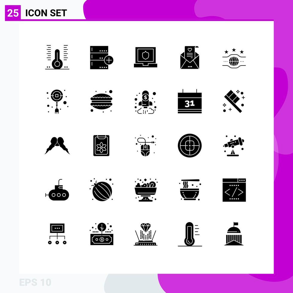 Modern Set of 25 Solid Glyphs Pictograph of belt proposal data love letter shield Editable Vector Design Elements