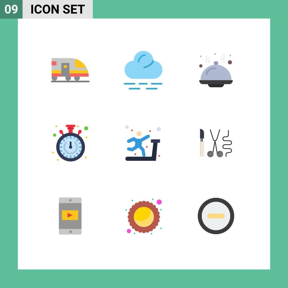 9 User Interface Flat Color Pack of modern Signs and Symbols of instruments sports food gym timer Editable Vector Design Elements