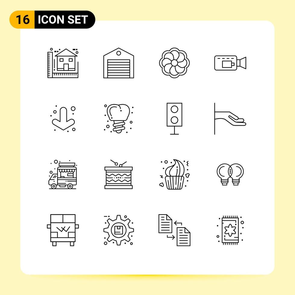 Mobile Interface Outline Set of 16 Pictograms of down record package camera mardi gras Editable Vector Design Elements