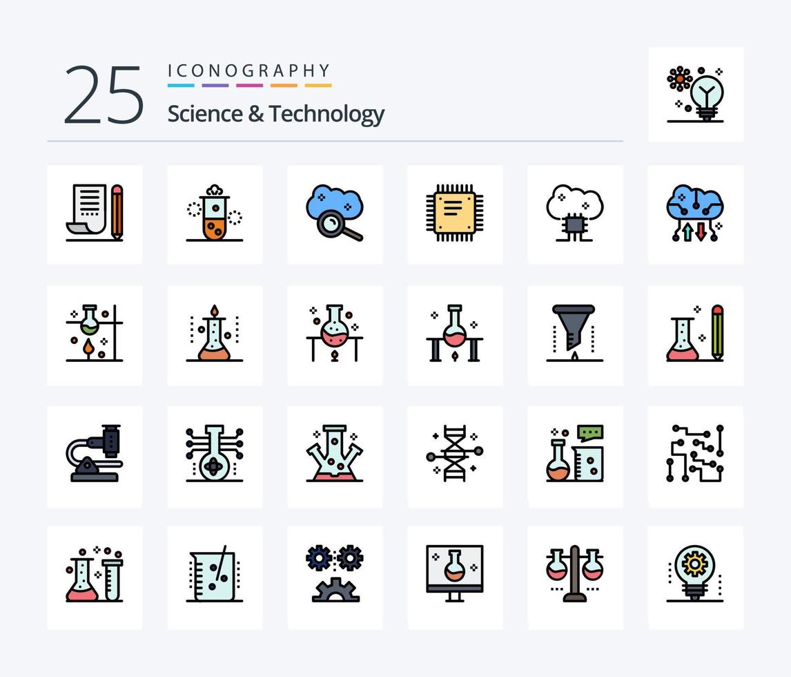 paquete de iconos rellenos de 25 líneas de ciencia y tecnología que incluye cpu. chip. ciencia. nube de internet. servicio de almacenamiento en la nube vector