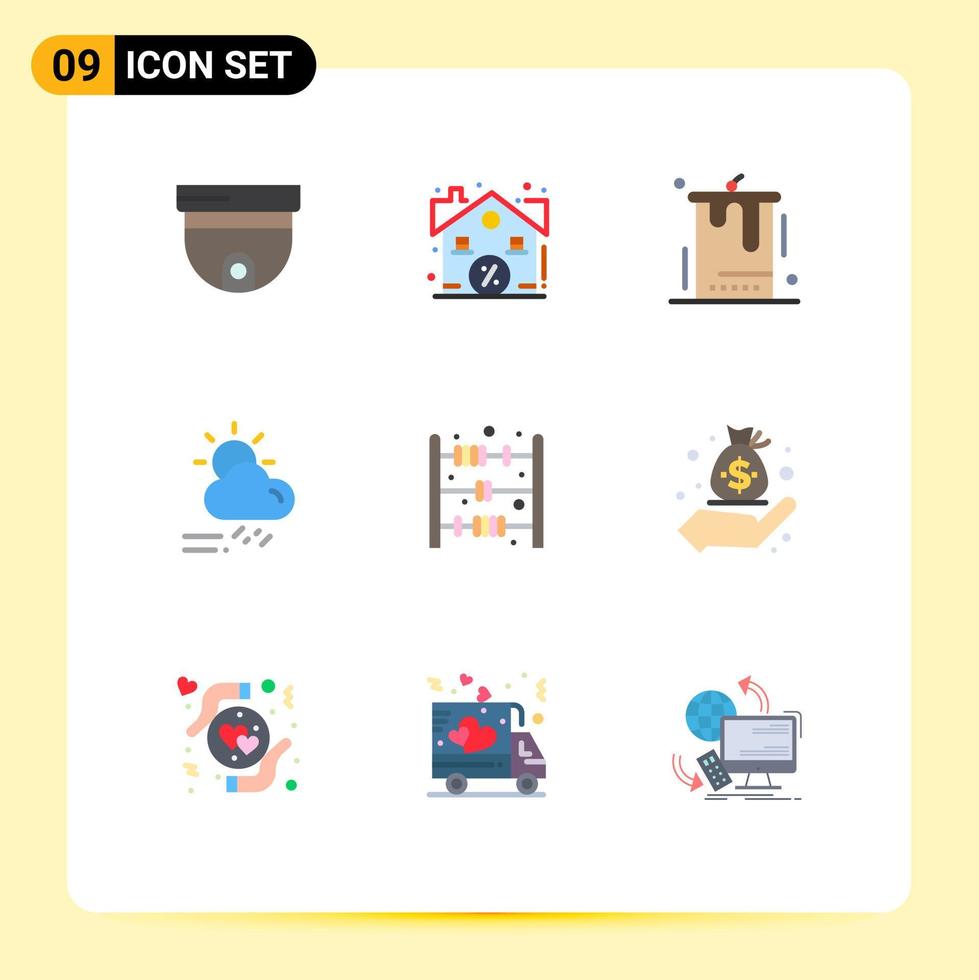 9 User Interface Flat Color Pack of modern Signs and Symbols of weather rainy birthday day wedding Editable Vector Design Elements